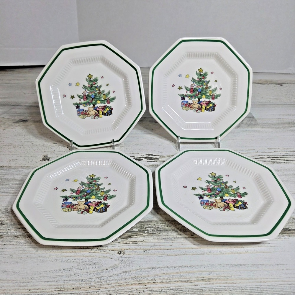 Vtg Nikko Christmastime Octagonal 6.5" Bread Plates Set of4 Christmas Tree Japan